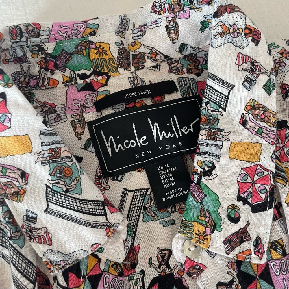 Vintage 90’s Nicole Miller Linen Beach Print Button Down Short Sleeve